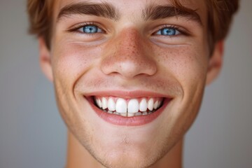 Fototapeta premium Close-up of a bright smiling European young man showing off healthy white teeth