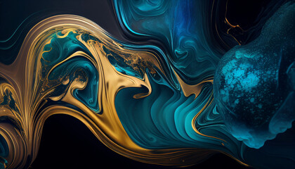 abstract fractal background with water, Marble aqua blue gold texture, liquid, wallpaper, background, Ai generated image