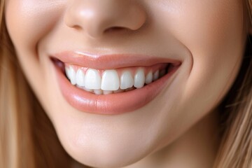 Fototapeta premium Close-up of a bright smiling European young woman showing off healthy white teeth