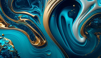 Tuinposter abstract fractal background, Marble aqua blue gold texture, liquid, wallpaper, background, Ai generated image  © FH Multimedia