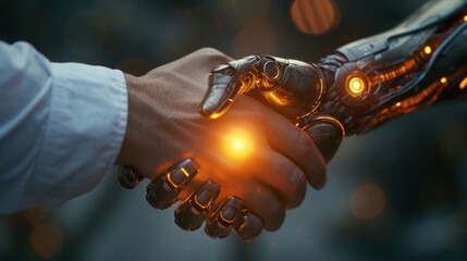 Human Hand Shaking a Robot Hand Symbolizing AI Collaboration and Partnership
