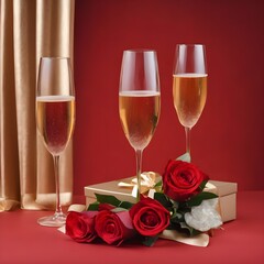 Two glasses of champagne gift box and flowers on a red background. Valentine's day decorations.