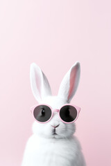 White rabbit with sunglasses on pastel pink background.Minimal concept.