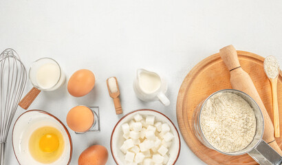Baking or cooking background, Bakery ingredients on a white background top view. copy space - obrazy, fototapety, plakaty