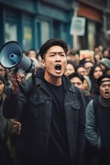 asian Male activist protesting on megaphone during a strike with a group of demonstrators in the background
