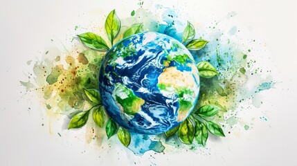 Earth day concept on white background. Cartoon style, World environment day. Illustration of the green planet with plants.