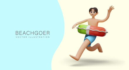 3D beachgoer in cartoon style. Male character with colored inflatable circle runs on sand towards water. Have nice summer vacation. Advertising concept for resorts, water parks