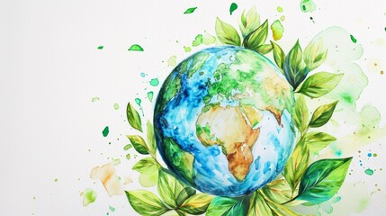 Earth day concept on white background. Cartoon style, World environment day. Illustration of the green planet with plants.