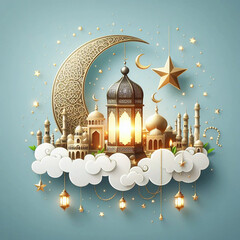 Ramadan Kareem or Ramazan Mubarak greeting with lantern and crescent 3d background Ai generative.