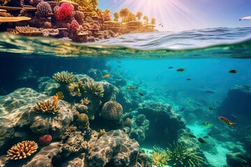 An underwater world teeming with colorful coral reefs