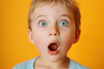 Young boy with open mouth and wide blue eyes, expressing surprise