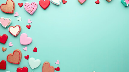colorful arrangement of heart cookies on a light green background,Experience heartfelt sweetness with these homemade Valentine cookies placed on a soothing mint background. Capture the warmth and love - obrazy, fototapety, plakaty