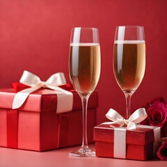 Two glasses of champagne gift box and flowers on a red background. Valentine's day decorations.