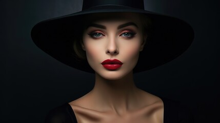 pretty woman portrait in black dress and glamour fashionable makeup, Generative Ai
