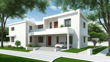 Fototapeta na wymiar 3d house model rendering on white background, 3D illustration modern cozy house. Real estate concept.