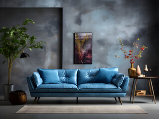 Blue sofa against concrete wall. Scandinavian loft home interior design of modern living room in minimalist studio apartment