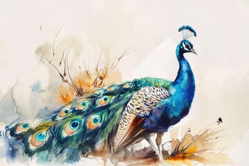 Watercolor of a beautiful peacock on white.