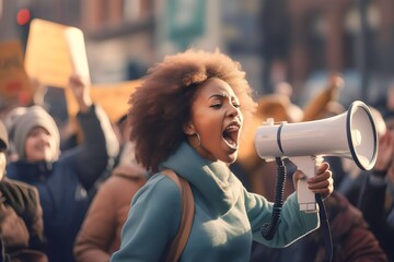 African Female activist protesting via megaphone - obrazy, fototapety, plakaty