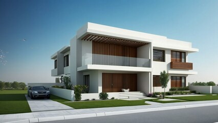 Fototapeta na wymiar 3d house model rendering on white background, 3D illustration modern cozy house. Real estate concept.