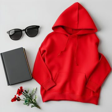 Top View red Sweater and Hoodie Mock-up: Unisex Fashion, Book, Sunglasses.