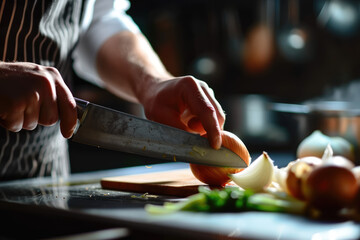 Obraz premium Precision in Every Slice: A Close-Up of a Chef Using a Knife to Cut Onion - Culinary Art in Action, Showcasing Professional Technique and Fresh Ingredient Preparation.
