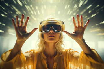 Generative AI image of futuristic woman with visor - obrazy, fototapety, plakaty