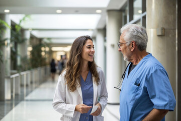 Female doctor and senior nurse discussing in hospital. Generative AI image