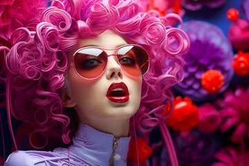 A woman with long purple hair, red lips, and sunglasses.