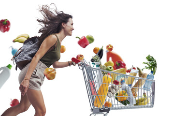 Woman running and pushing a shopping cart