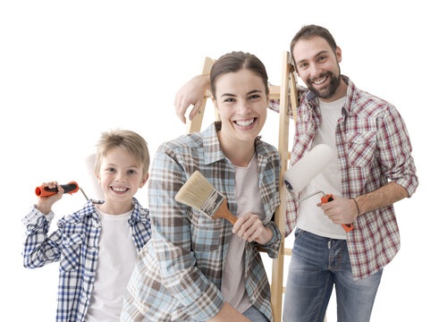 Happy family renovating their home