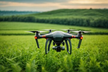 Drone flying over field