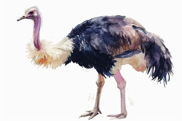 Watercolor of an Ostrich on white.