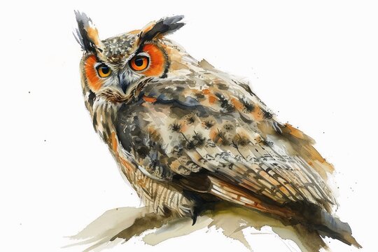 Watercolor of an owl on white.