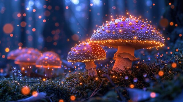 Magic glowing mushrooms with red caps In the woods