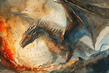 Watercolor of an impressive dragon spying fire.