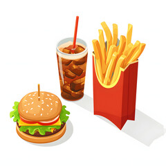Isometric fast food set with burger, fries, and soda on a white background