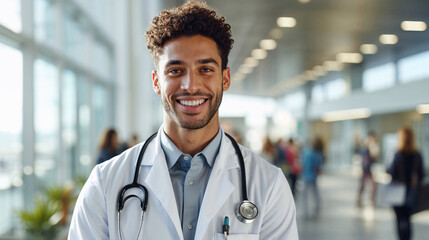 Naklejka premium Generative AI image of smiling latin man doctor with stethoscope