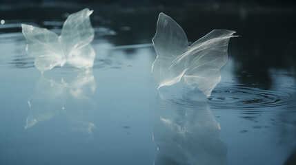 Plastic bag in water mimics butterfly, environmental issue. Generative AI image - obrazy, fototapety, plakaty
