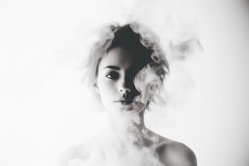 Young woman with smoke double exposure, copy space