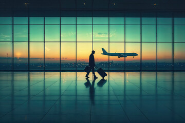 Traveler Walking in Airport at Sunset. Generative AI