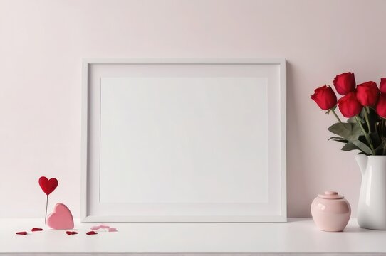 mockup white frame photo with red roses, red flowers tulip in a glass vase hearts an empty frame on a table valentine day picture template love theme. 3d illustration of a love background with space.