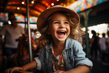 Fototapeta na wymiar Generative AI illustration of a young girl, her hair flying freely, laughing wholeheartedly while enjoying a ride on a brightly colored carousel