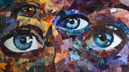 An abstract and visually elaborate composition featuring a collage of various eye expressions and irises, creatively arranged to convey a range of emotions and experiences through