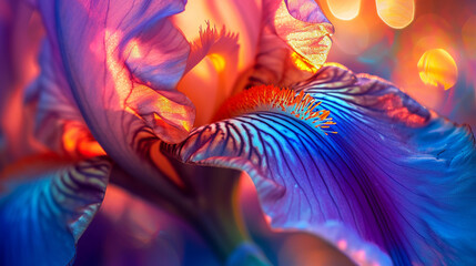 A close-up photograph focusing on the interaction of light with the irises, capturing the reflections and refractions that create a visually dynamic and mesmerizing play of colors