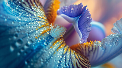 A close-up photograph focusing on the interaction of light with the irises, capturing the reflections and refractions that create a visually dynamic and mesmerizing play of colors - obrazy, fototapety, plakaty