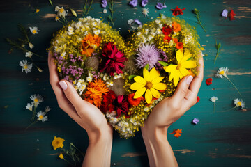 Obraz na płótnie Canvas AI generated image Top view on female hands holding heart shape made of the colorful flowers