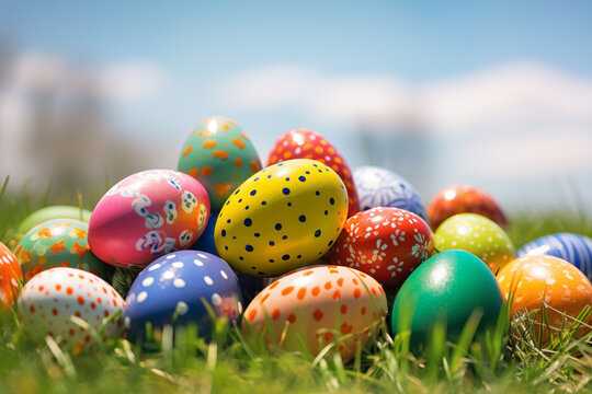 AI Generated Image of closeup of stack of colorful Easter eggs placed on a grassy meadow in bright day against blurred sky