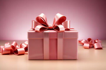 A beautifully packaged pink gift box decorated with a bow on a soft pink background.
