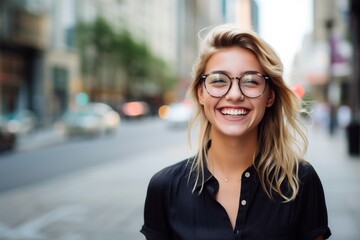 smiling young woman in eyeglasses over city street background - obrazy, fototapety, plakaty