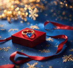 a long-awaited gift for your beloved, a gold ring with a blue stone on a red box on a wonderful background for Valentine's Day